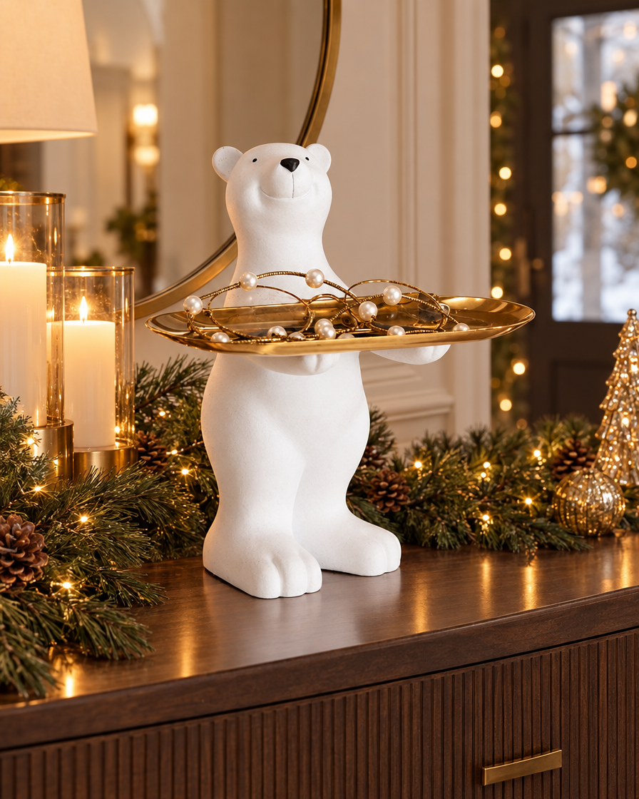 Resin Polar Bear Statue Tray on a console table