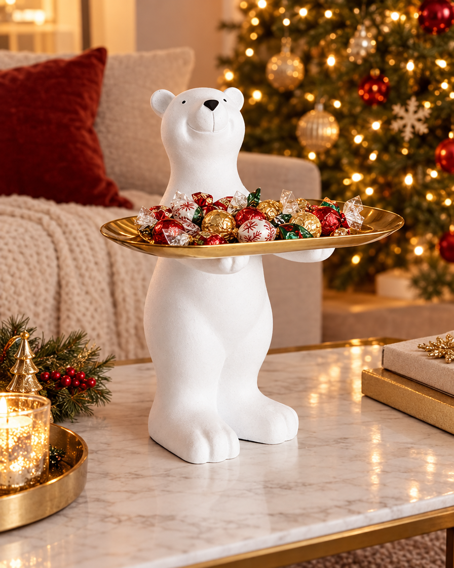 Resin Polar Bear Statue Tray on a coffee table