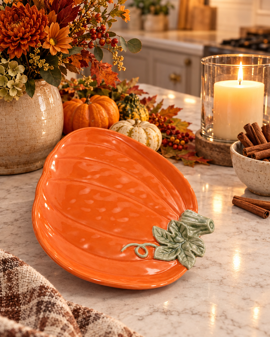 Ceramic Pumpkin Candy Tray on a kitchen island