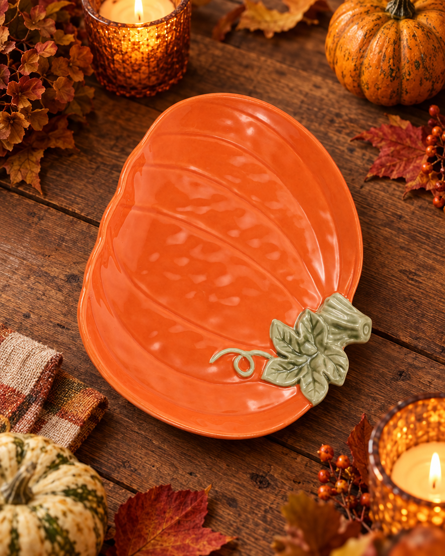 Ceramic Pumpkin Candy Tray on an autumn table