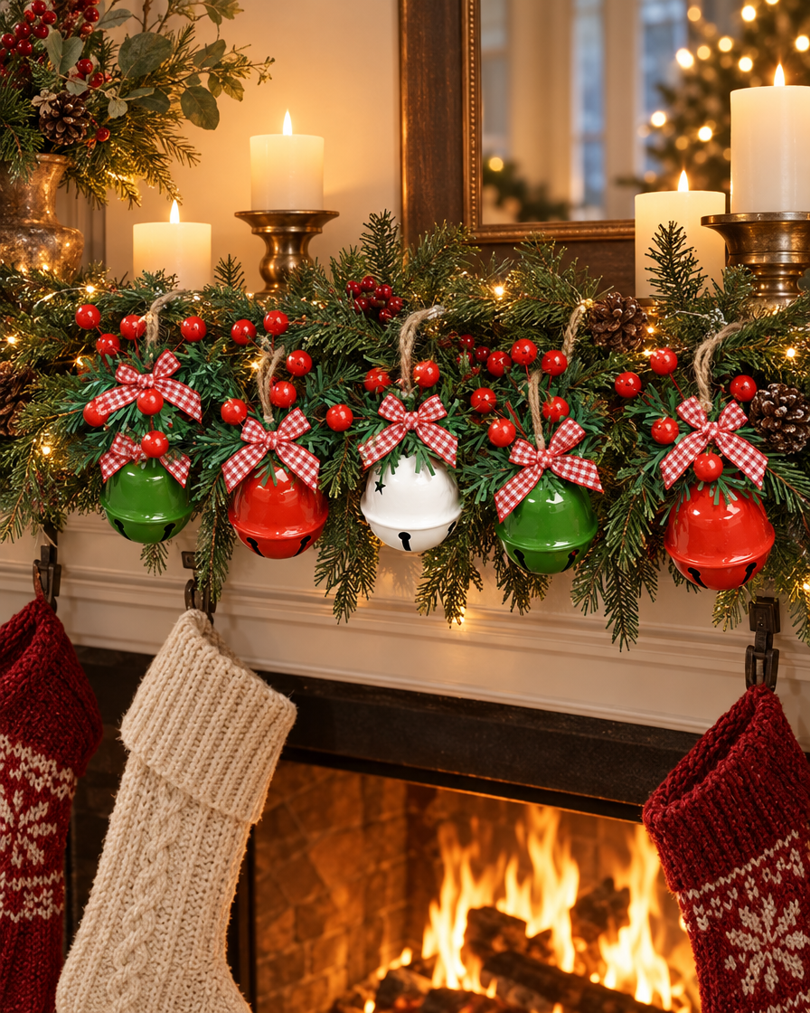 Holly Berry Jingle Bell Ornaments on a mantel garland