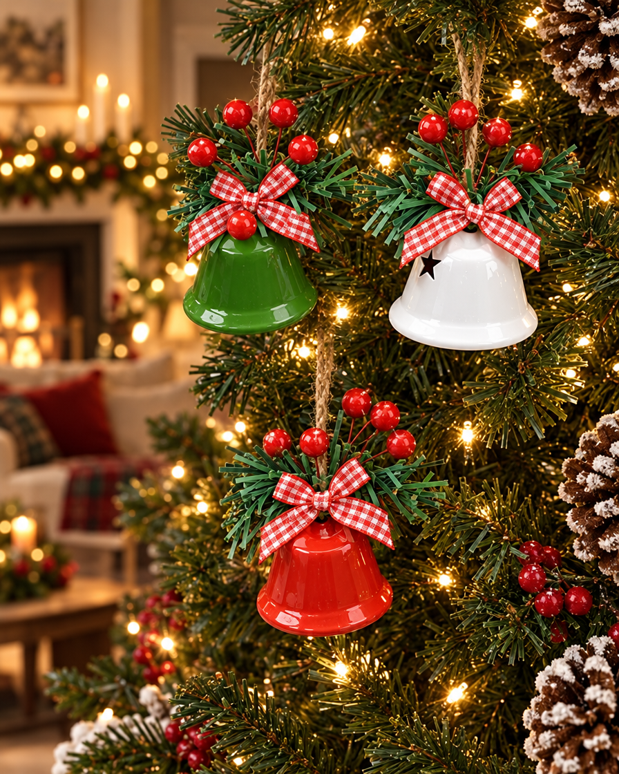 Holly Berry Jingle Bell Ornaments on a Christmas tree