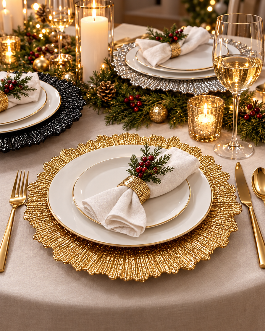 13 Inch Reef Charger Plates on a holiday table
