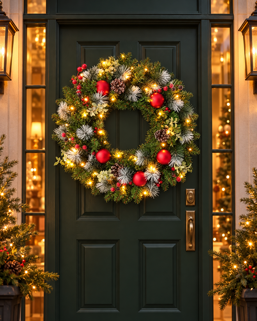Pinecone Berry Garland Wreath on a front door