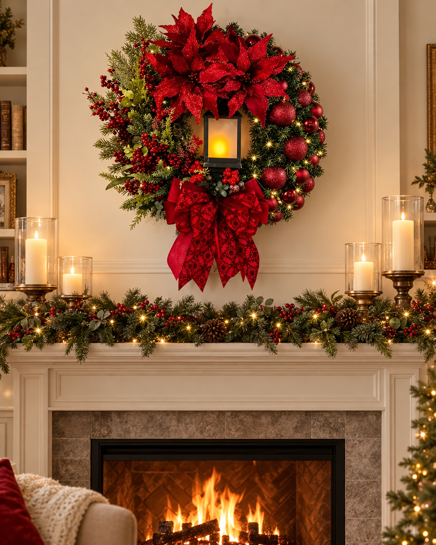 Big Red Flower Bow Wreath above a mantel