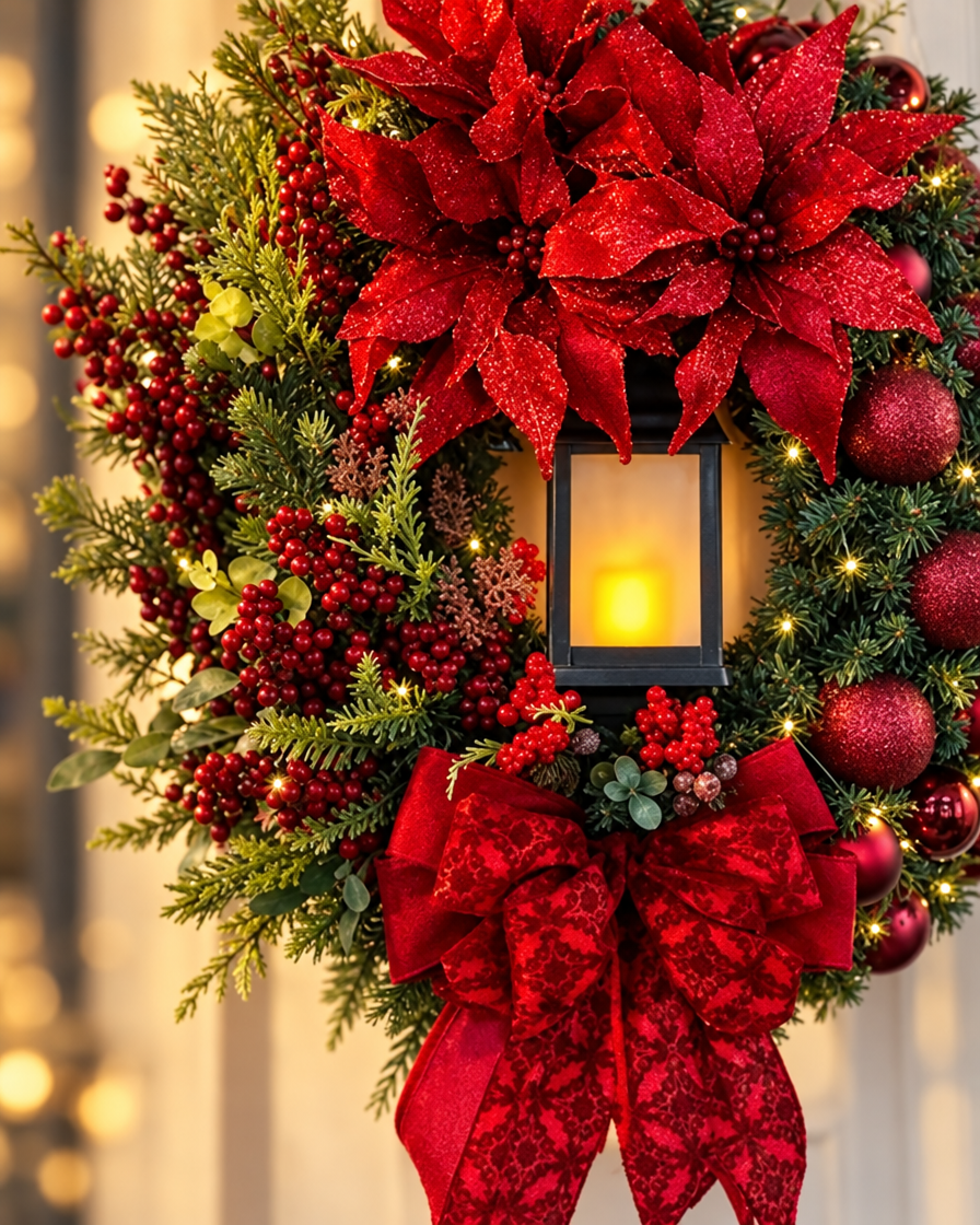Big Red Flower Bow Wreath close-up