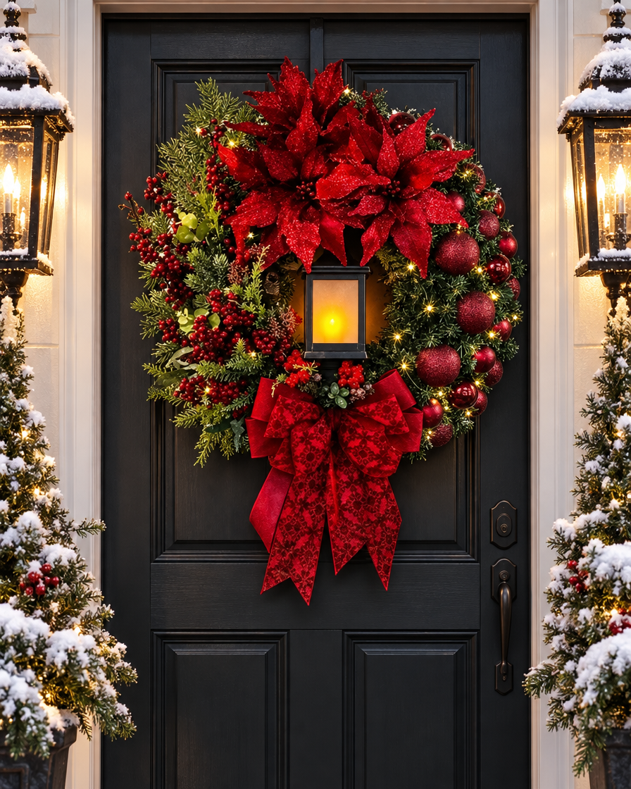 Big Red Flower Bow Wreath on a front door