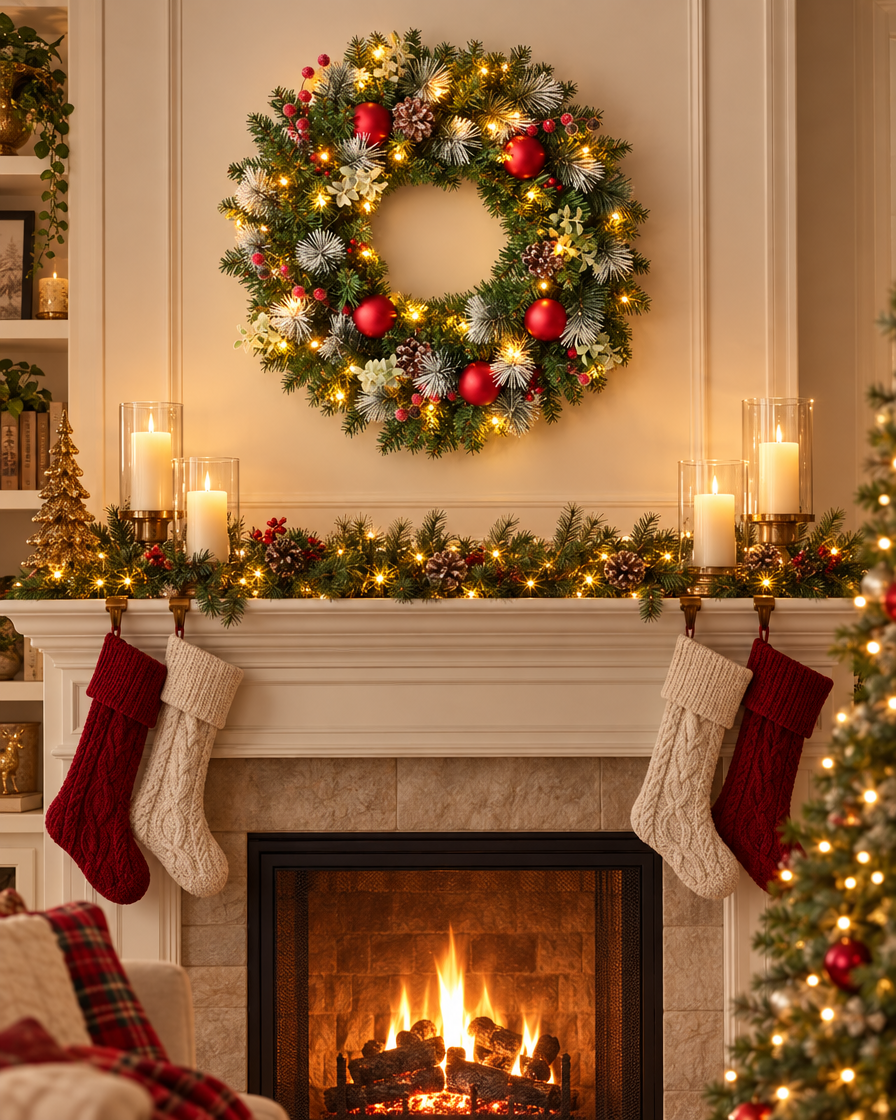Pinecone Berry Garland Wreath above a mantel
