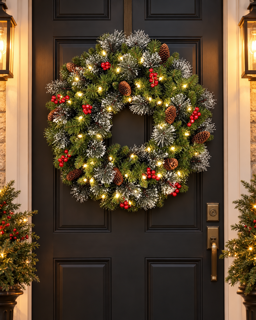 Red Berry Pinecone Wreath on a front door