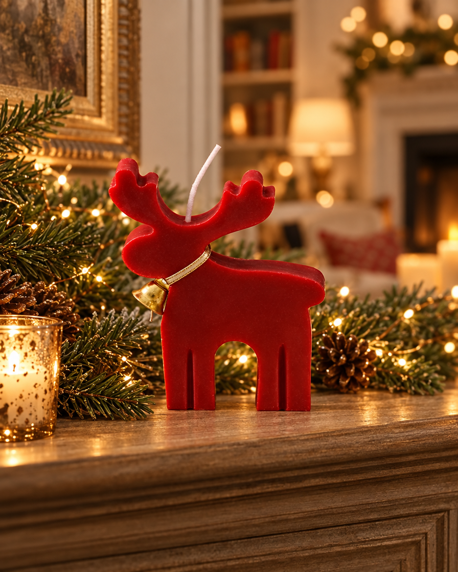 Christmas Elk Scented Candle on a mantel