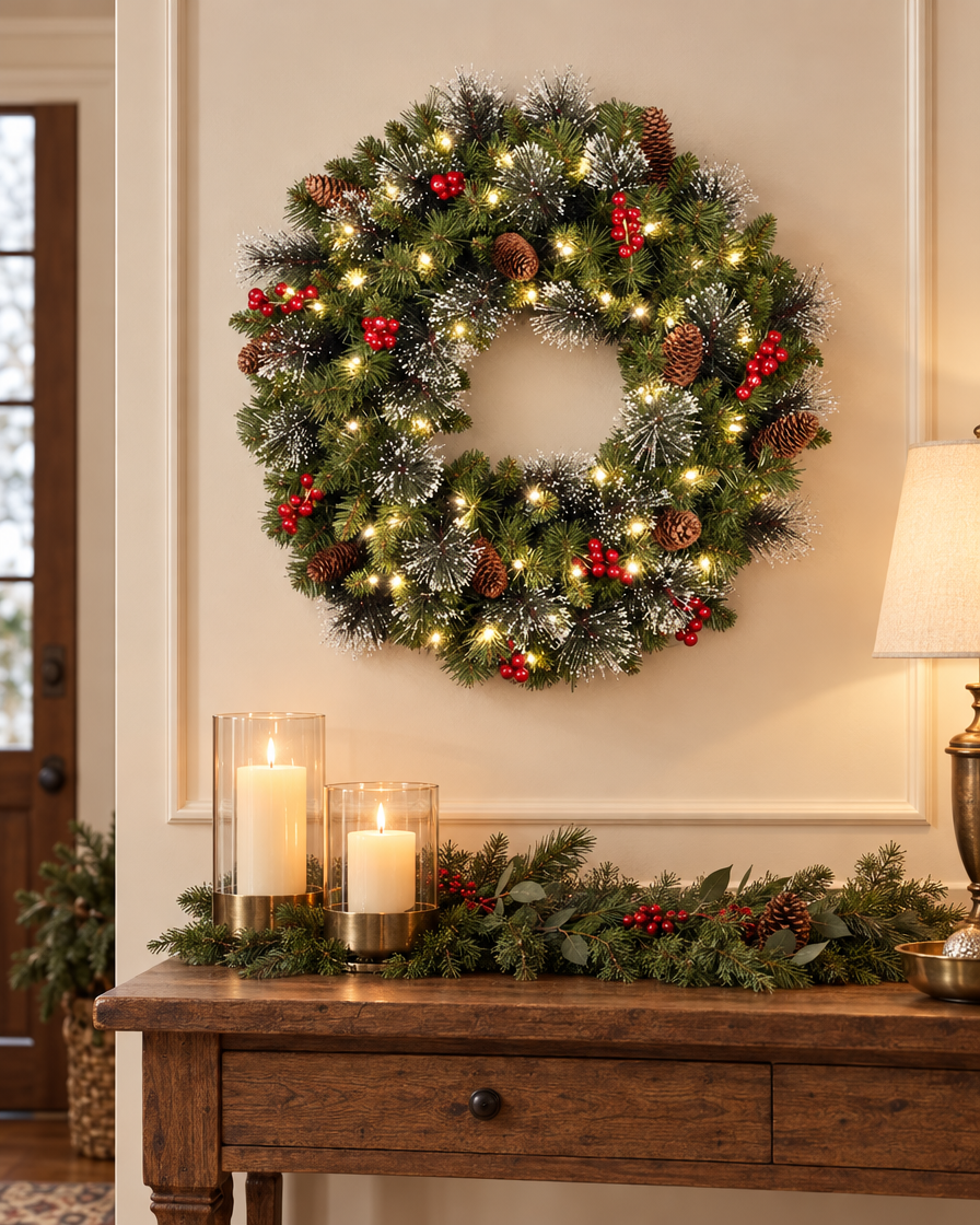 Red Berry Pinecone Wreath in an entryway