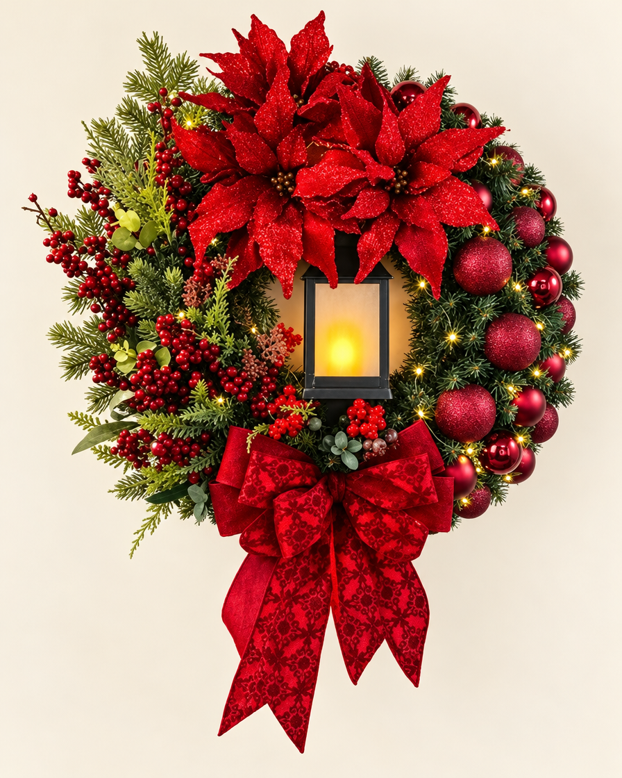Big Red Flower Bow Wreath studio shot
