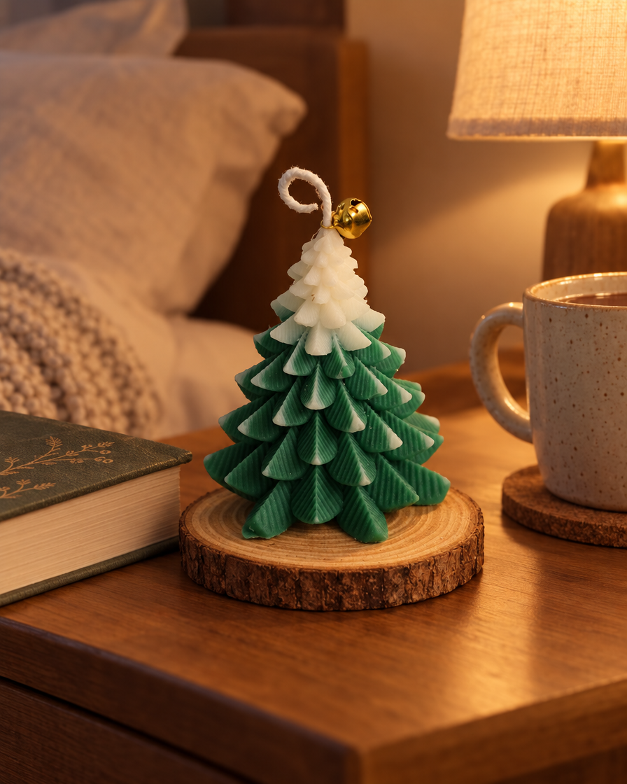 Christmas Tree Bell Soy Candle on a bedside shelf