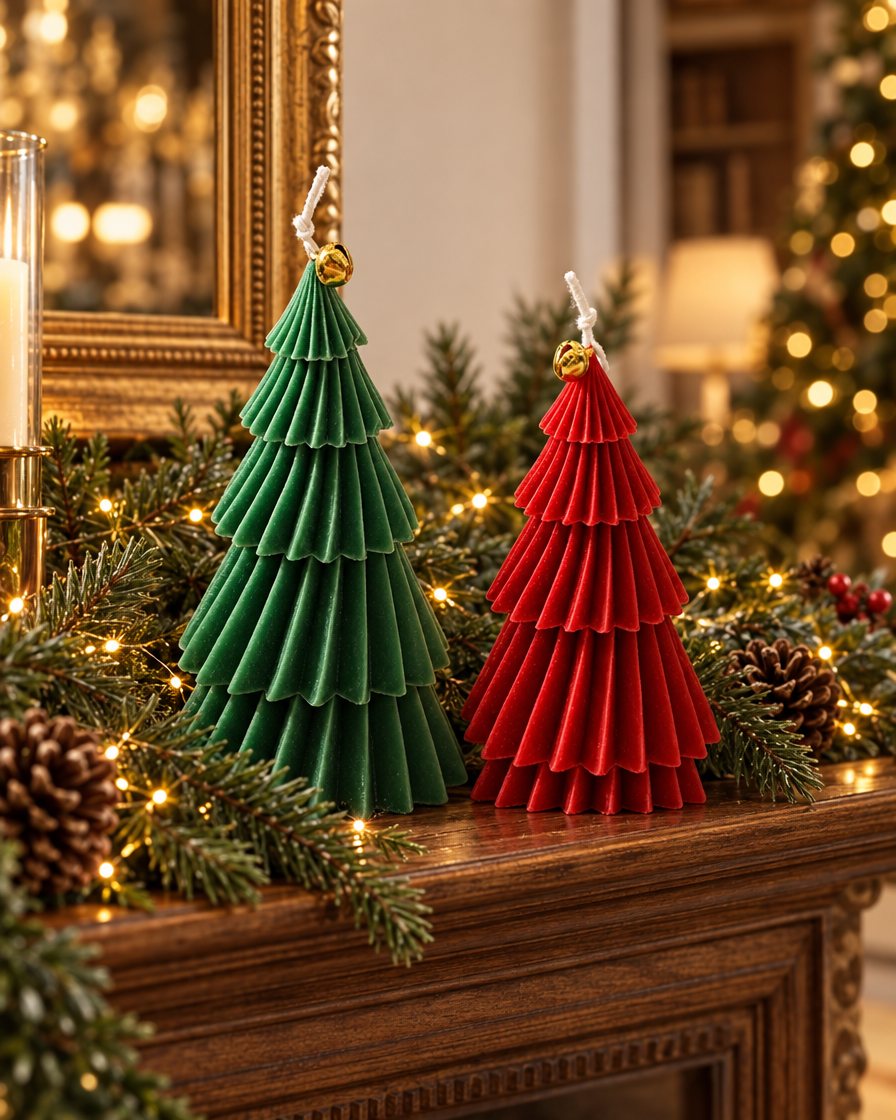 Handmade Christmas Tree Candle on a mantel