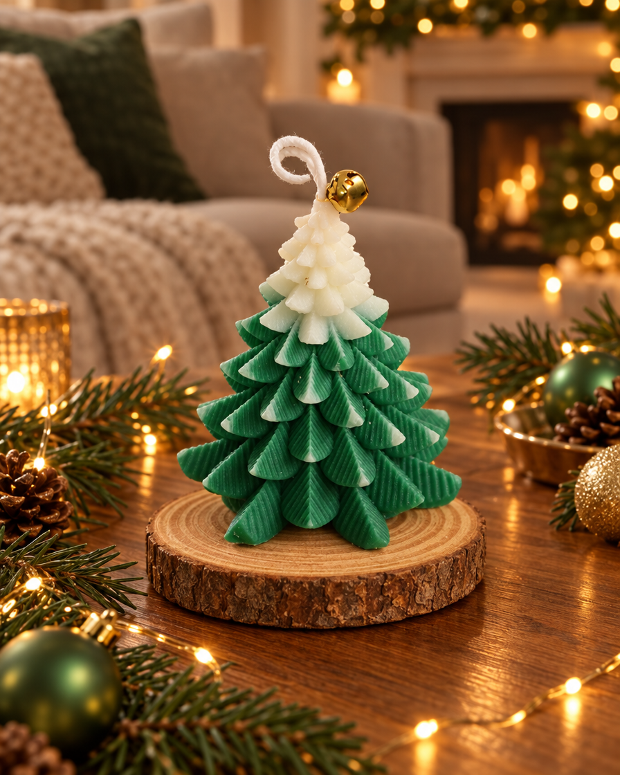 Christmas Tree Bell Soy Candle on a coffee table