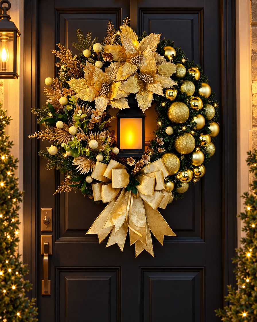 Golden Ball Flower Wreath on a front door