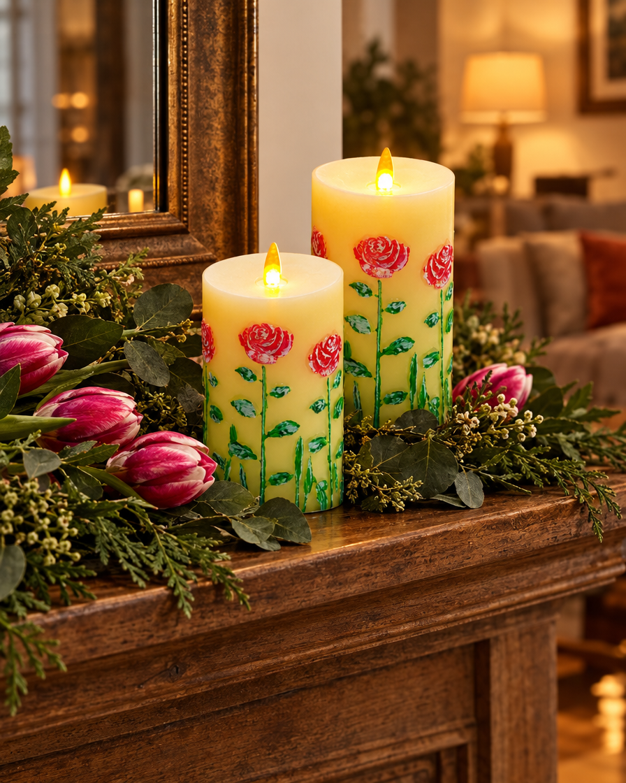 LED Paraffin Flicker Candles on a mantel