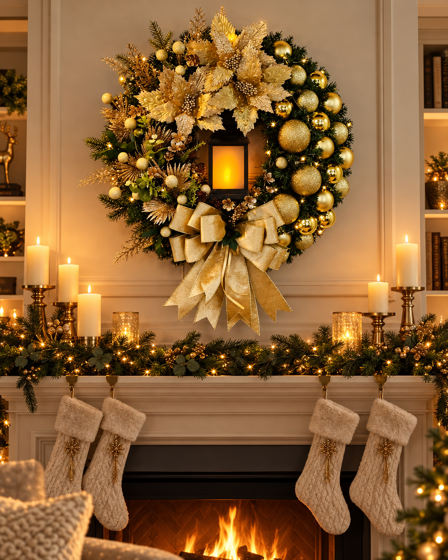 Golden Ball Flower Wreath above a mantel