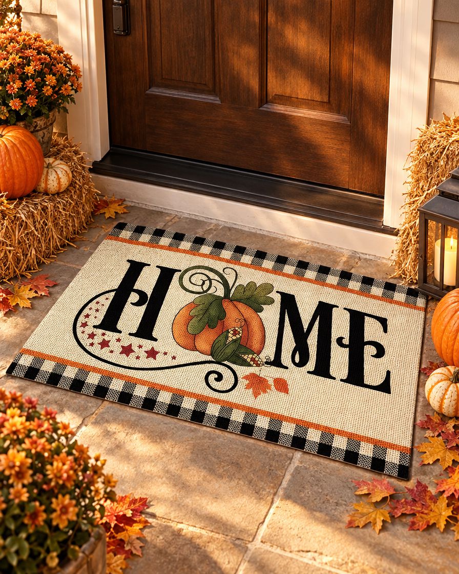 Fall Welcome Doormat on a front porch