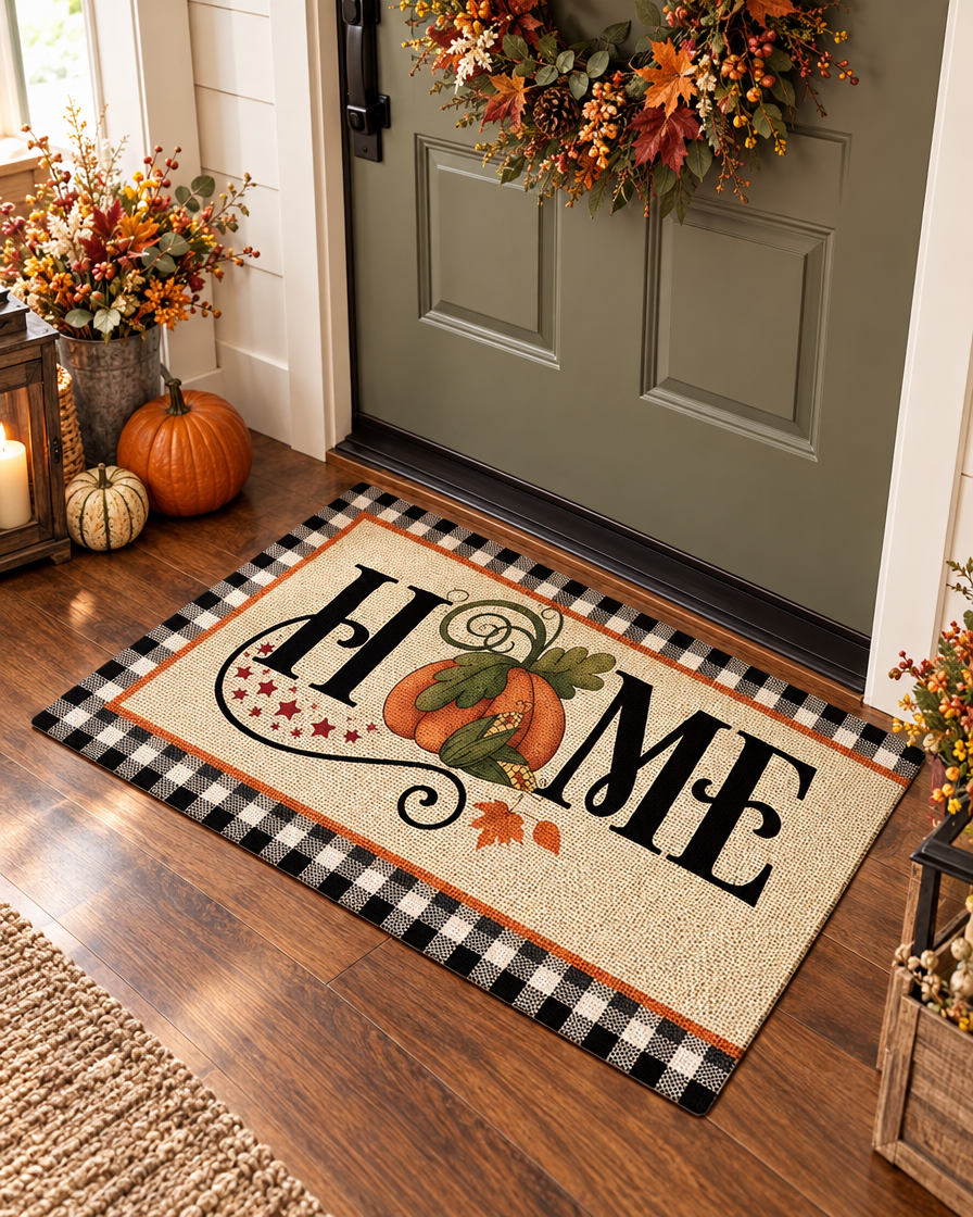 Fall Welcome Doormat in an entryway