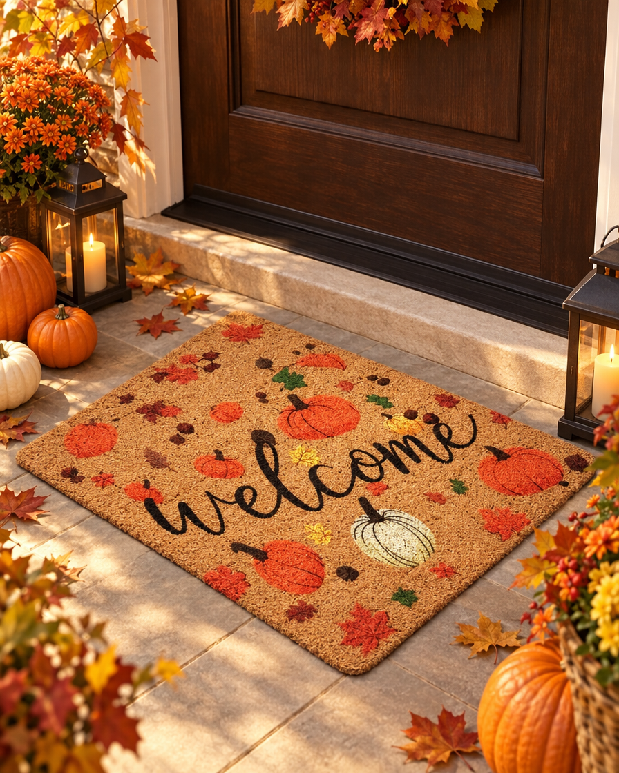 Harvest Pumpkin Welcome Mat on a front porch