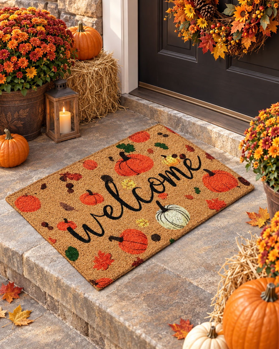 Harvest Pumpkin Welcome Mat on porch steps