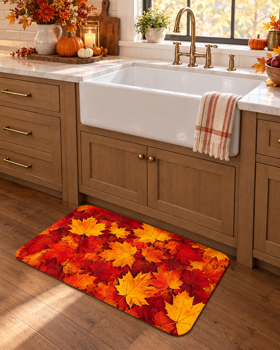 Orange Maple Leaf Farmhouse Rug in a kitchen