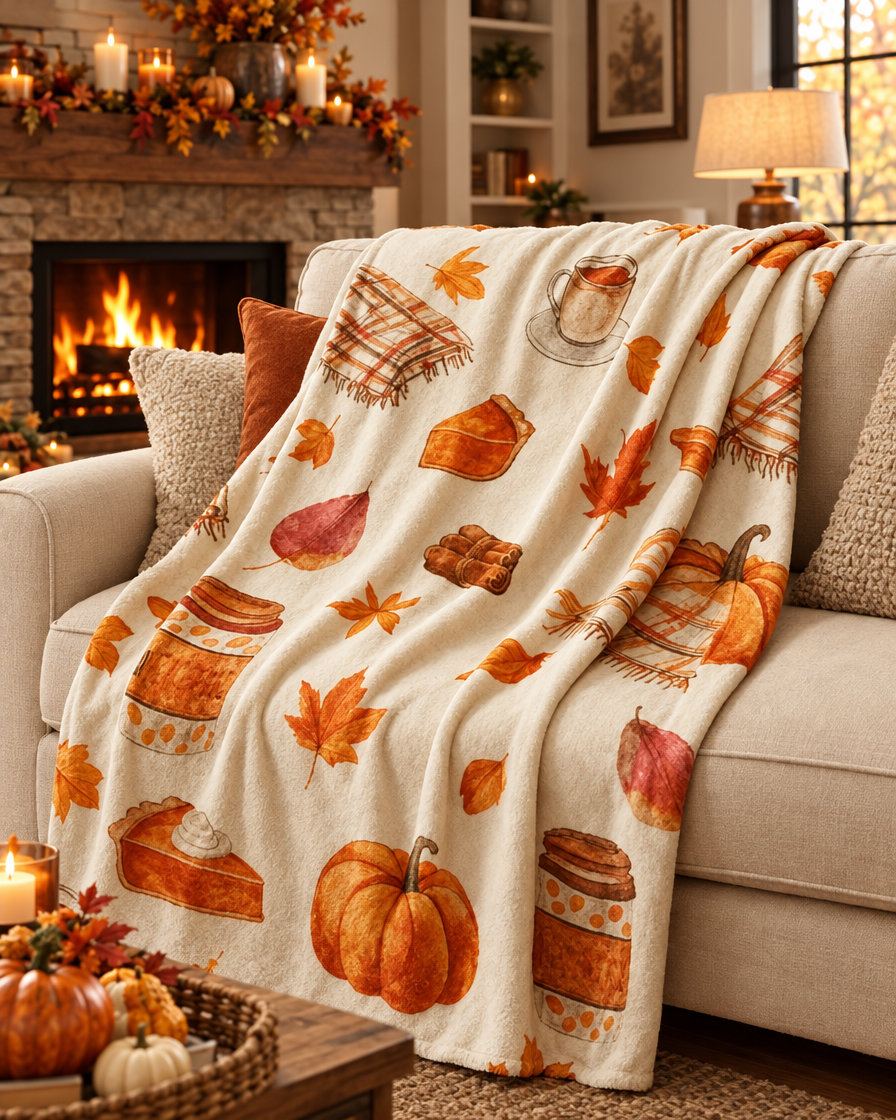 Watercolor Pumpkin Pie Throw on a sofa