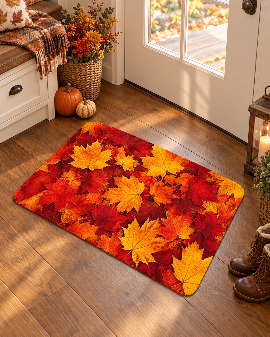 Orange Maple Leaf Farmhouse Rug in an entryway