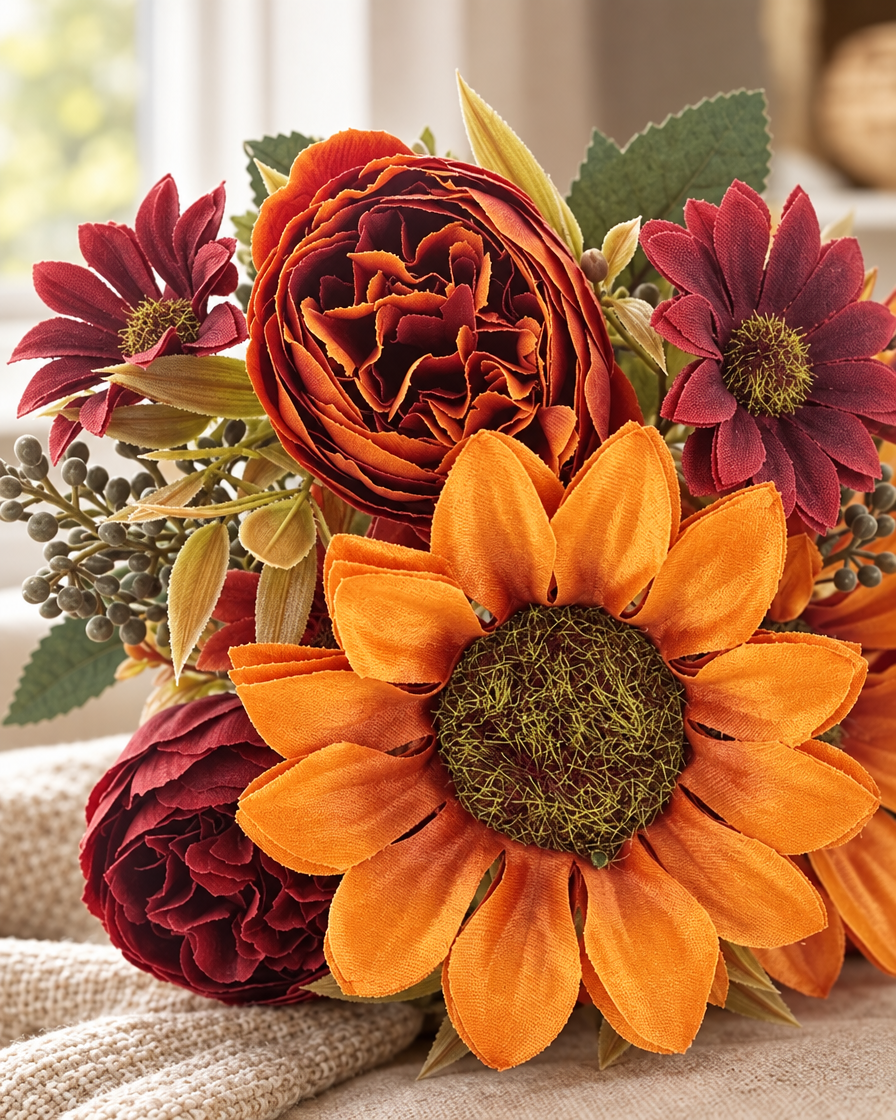 Faux Peony Sunflower Bouquet close-up detail