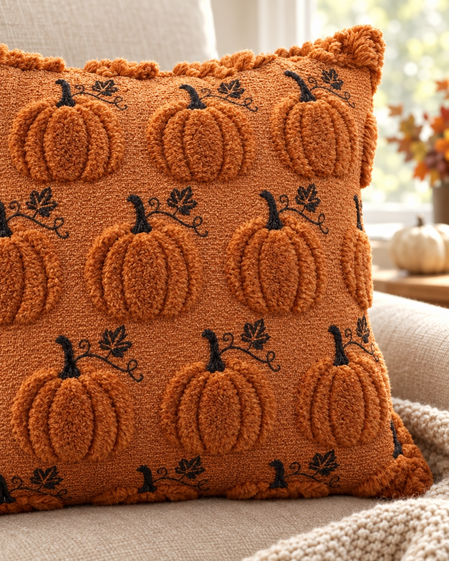 Autumn Pumpkin Embroidery Pillowcase close-up detail
