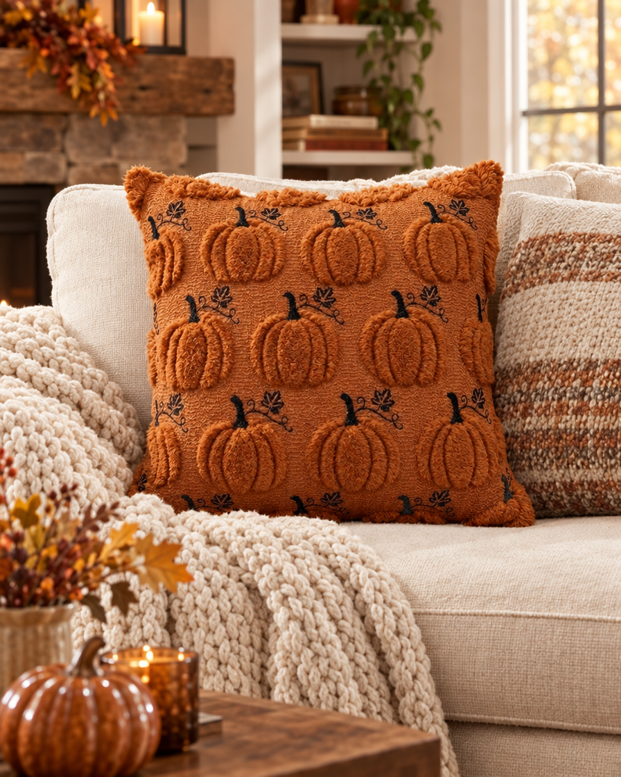Autumn Pumpkin Embroidery Pillowcase lifestyle