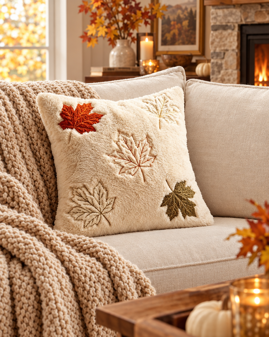 Plush Maple Leaf Pillow Cover lifestyle