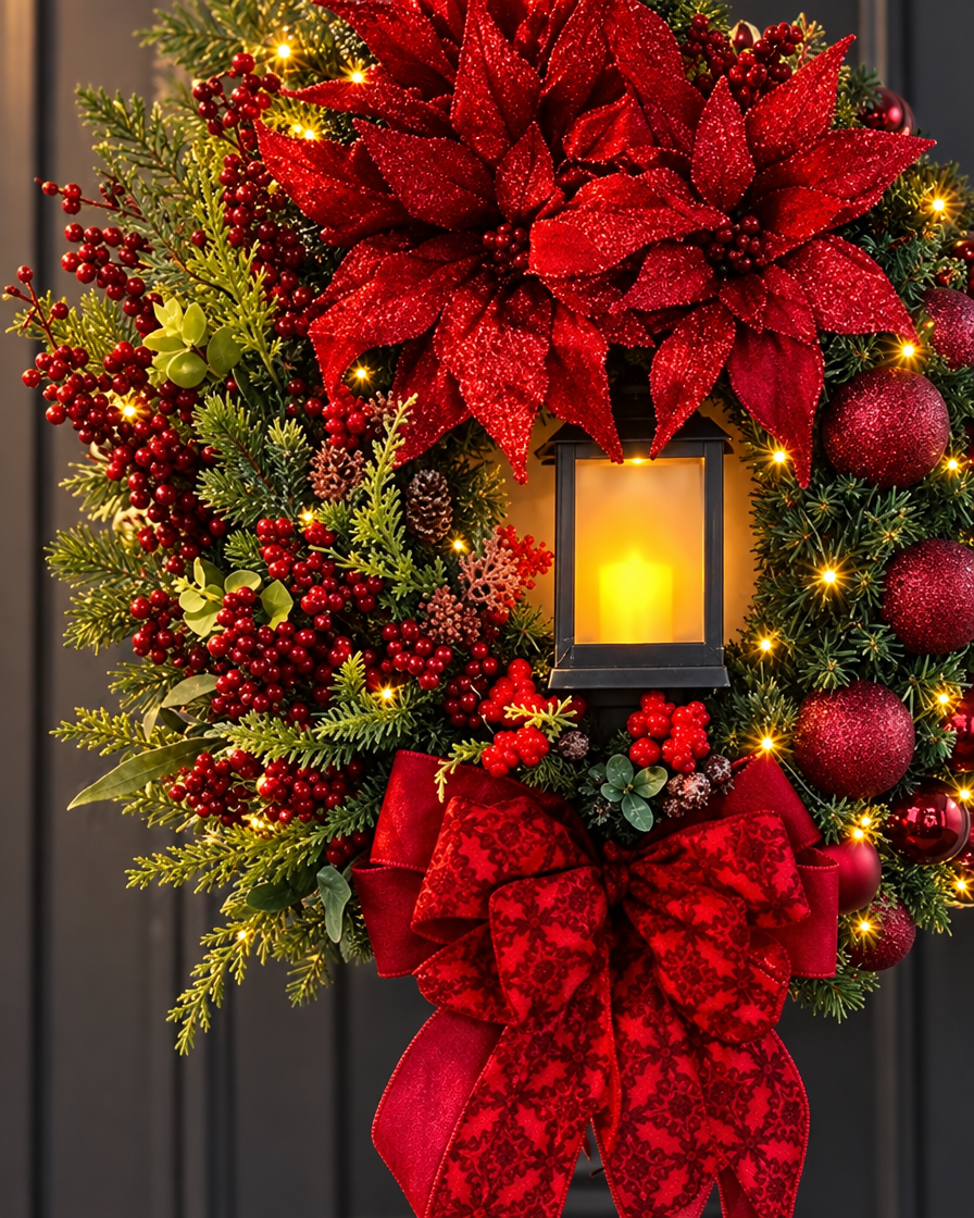 Lit Red Flower Door Wreath close-up detail