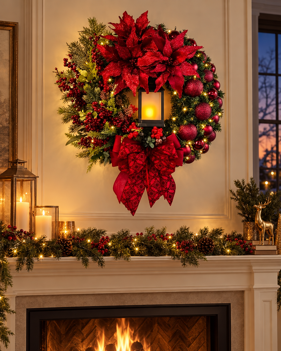 Lit Red Flower Door Wreath alternate setting
