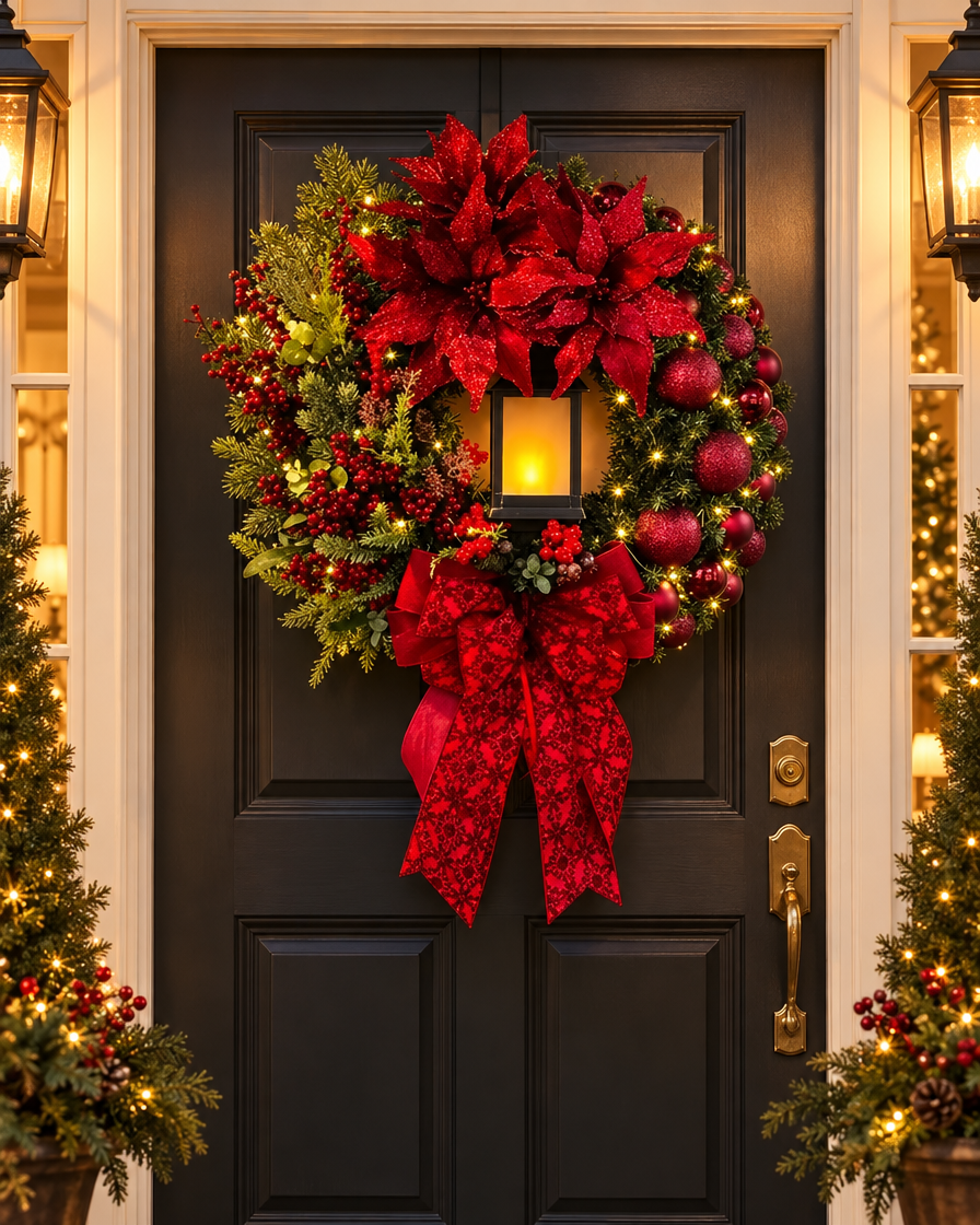 Lit Red Flower Door Wreath lifestyle