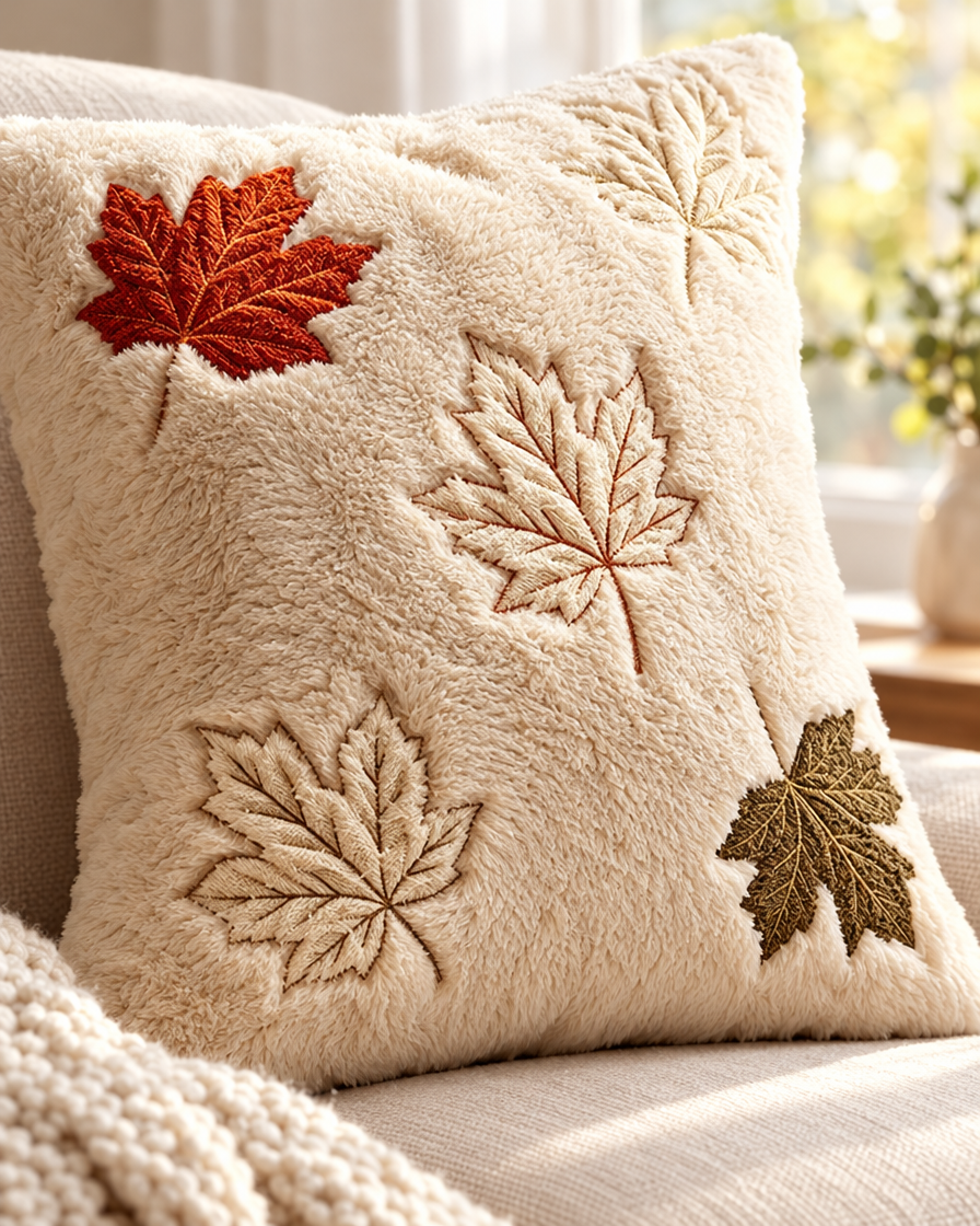 Plush Maple Leaf Pillow Cover close-up detail